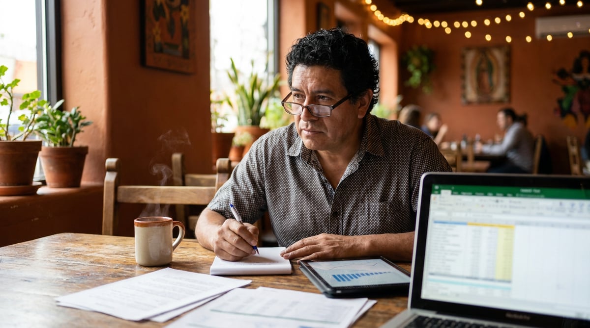 Dueño de restaurante revisando reportes de ventas y finanzas en su laptop.