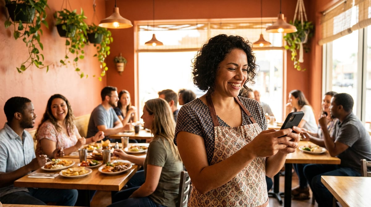 Dueña de restaurante sonriendo con su teléfono en un local lleno de clientes.