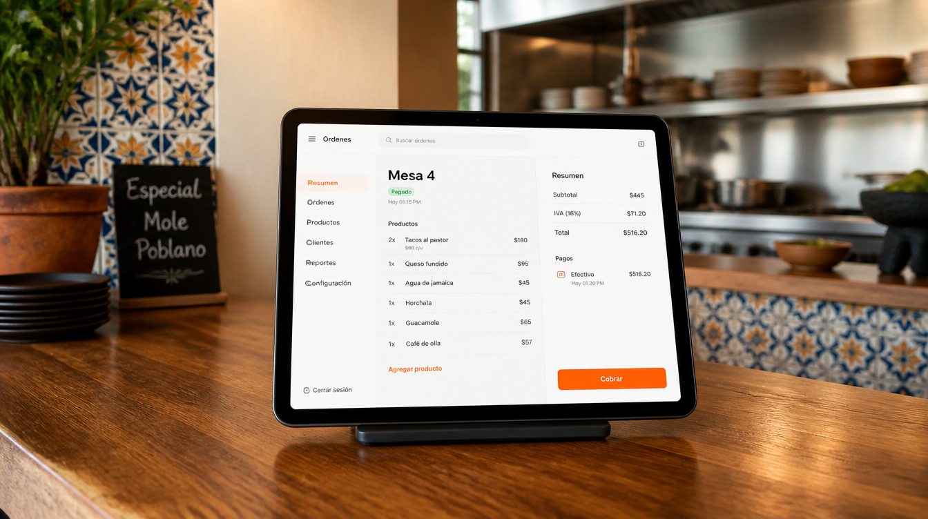 Tablet sobre la barra de un restaurante mexicano mostrando la pantalla de cobro del POS de Nei Digital, con la mesa, los productos y el botón Cobrar.