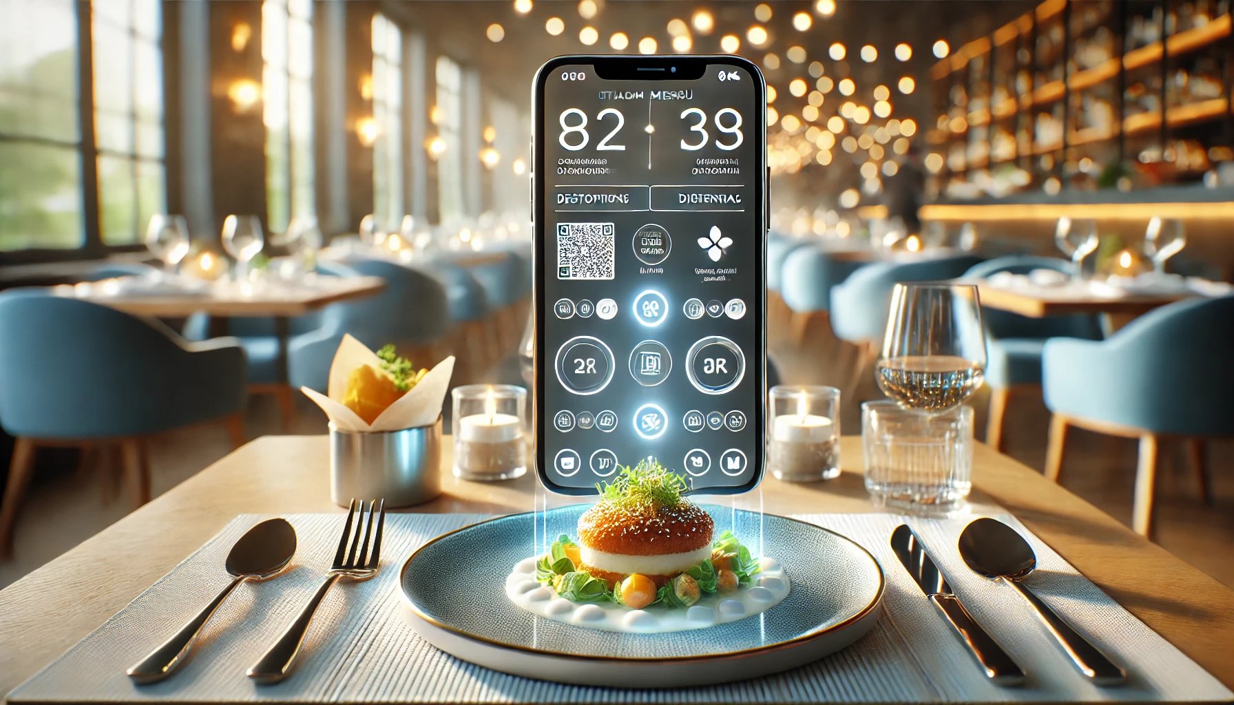 Interfaz de menú digital mostrada en un smartphone flotando sobre un platillo elegantemente presentado en un ambiente de restaurante moderno, ilustrando la fusión entre la gastronomía tradicional y la innovación digital en restaurantes latinoamericanos.